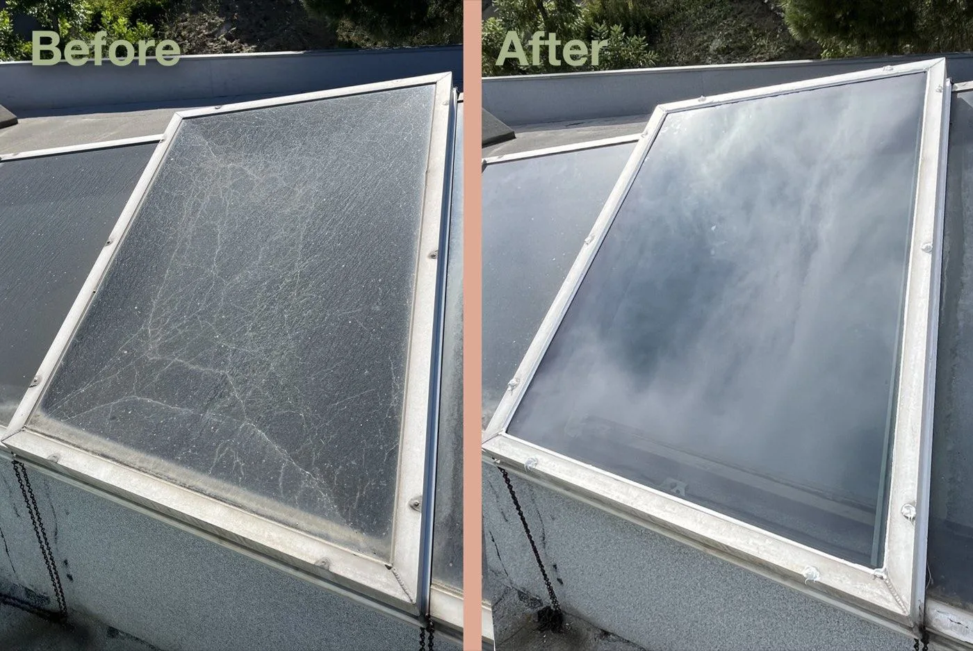Before and after: shattered trapezoidal glass panel replaced with a tint-matched custom piece